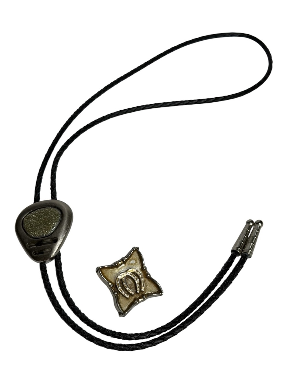 Western Bolo Tie Green & Silver Tone Black Leather Extra Vintage Slide w Spurs